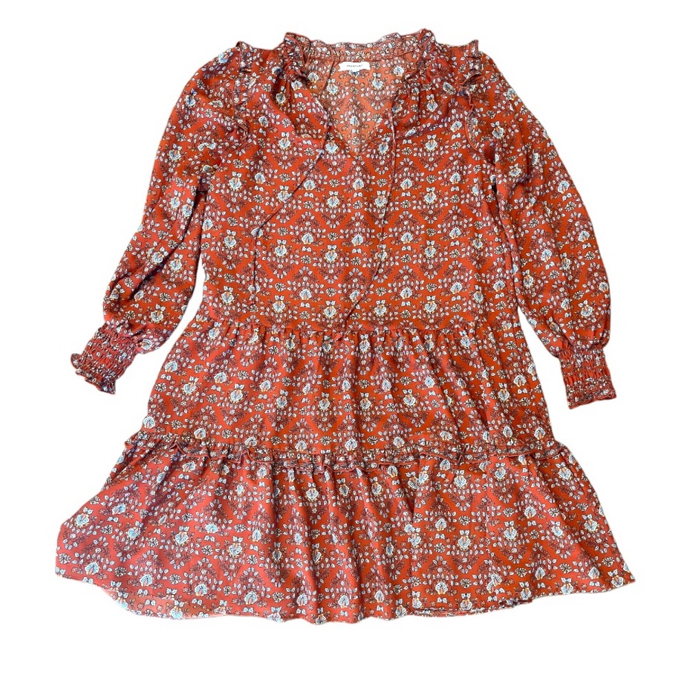 MAX STUDIO Burnt Orange Fall Smocked Sleeve Orange Dress Relaxed Fit Shift Dress